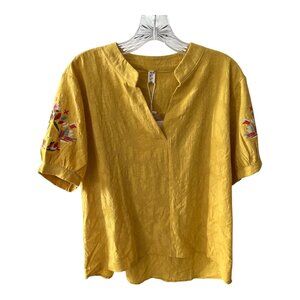 A and X Mustard Yellow Embroidered Sleeve Boho Top Textured Cotton Blend 3XL